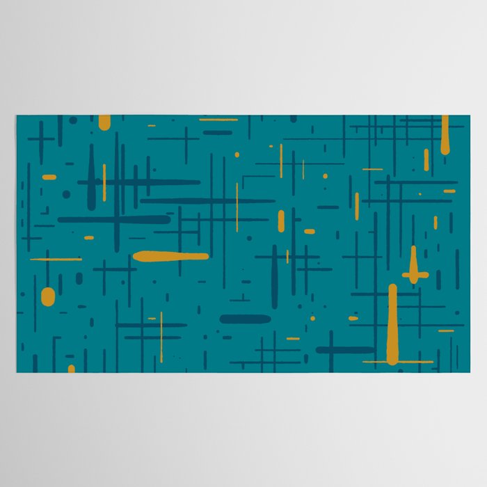 Mid-Century Modern Kinetikos Pattern in Moroccan Teal Blue and Ochre Tablecloth Gallery Image 2
