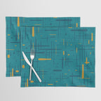 Mid-Century Modern Kinetikos Pattern in Moroccan Teal Blue and Ochre Placemat Gallery Image 1