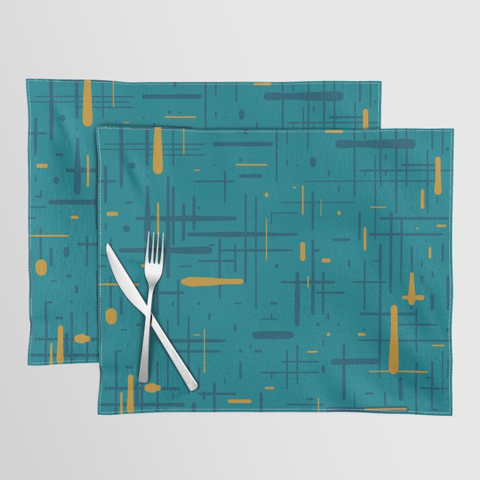 Mid-Century Modern Kinetikos Pattern in Moroccan Teal Blue and Ochre Placemat Gallery Image 1