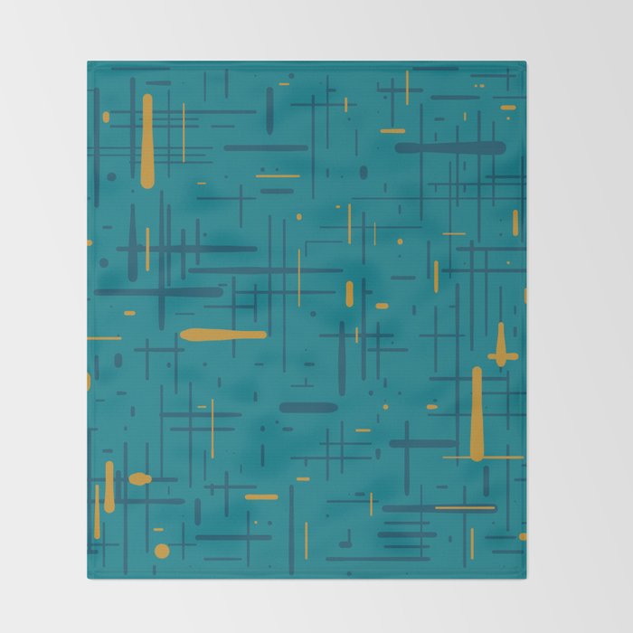 Mid-Century Modern Kinetikos Pattern in Moroccan Teal Blue and Ochre Throw Blanket Gallery Image 2