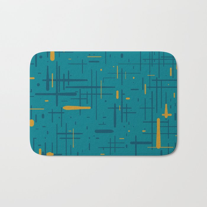 Mid-Century Modern Kinetikos Pattern in Moroccan Teal Blue and Ochre Bath Mat Gallery Image 1