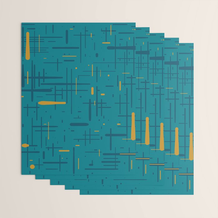 Mid-Century Modern Kinetikos Pattern in Moroccan Teal Blue and Ochre Wrapping Paper Gallery Image 3