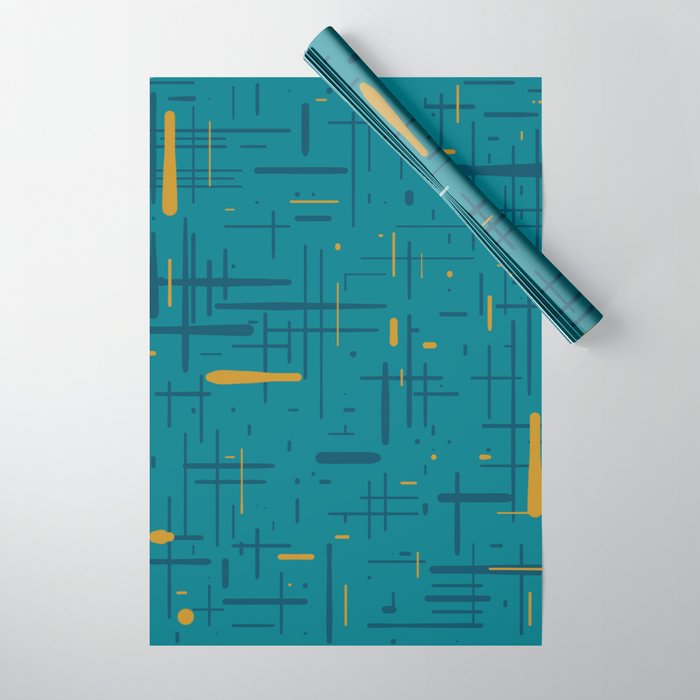 Mid-Century Modern Kinetikos Pattern in Moroccan Teal Blue and Ochre Wrapping Paper Gallery Image 1