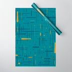Mid-Century Modern Kinetikos Pattern in Moroccan Teal Blue and Ochre Wrapping Paper Gallery Image 1