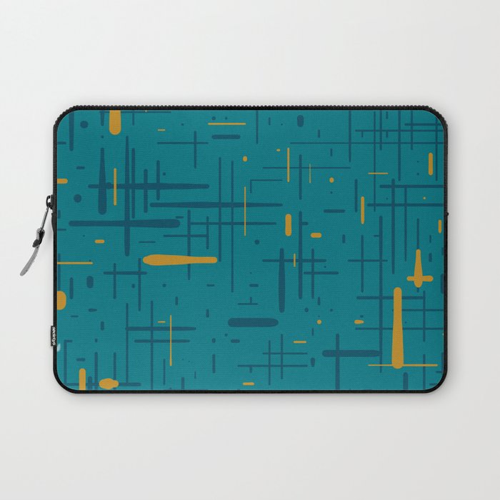 Mid-Century Modern Kinetikos Pattern in Moroccan Teal Blue and Ochre Laptop Sleeve Gallery Image 1