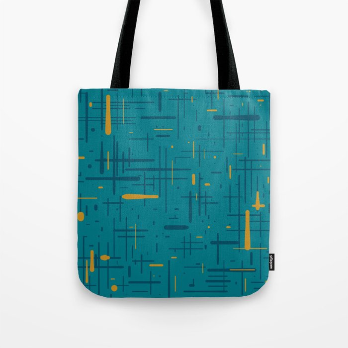 Mid-Century Modern Kinetikos Pattern in Moroccan Teal Blue and Ochre Tote Bag Gallery Image 1