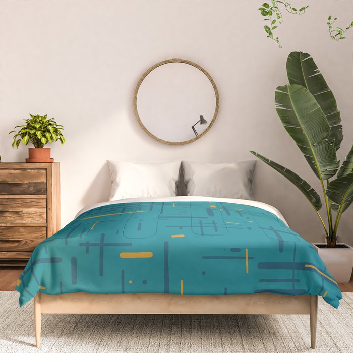 Mid-Century Modern Kinetikos Pattern in Moroccan Teal Blue and Ochre Comforter Gallery Image 3