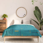 Mid-Century Modern Kinetikos Pattern in Moroccan Teal Blue and Ochre Comforter Gallery Image 3