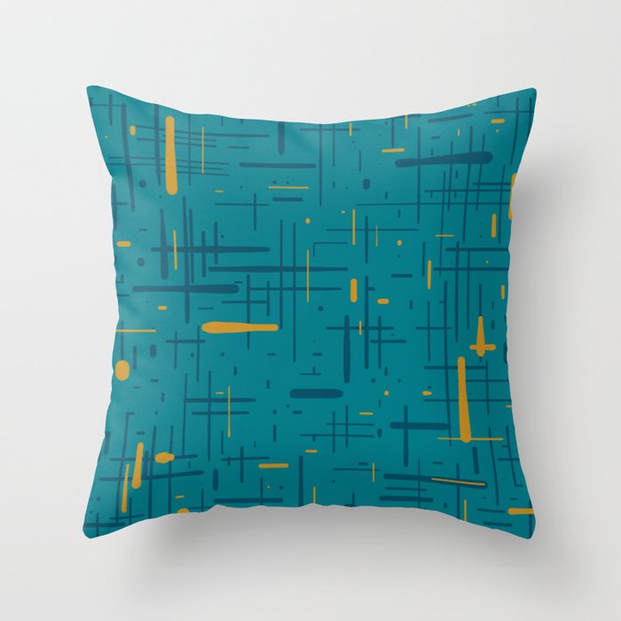 Mid-Century Modern Kinetikos Pattern in Moroccan Teal Blue and Ochre Throw Pillow Gallery Image 6