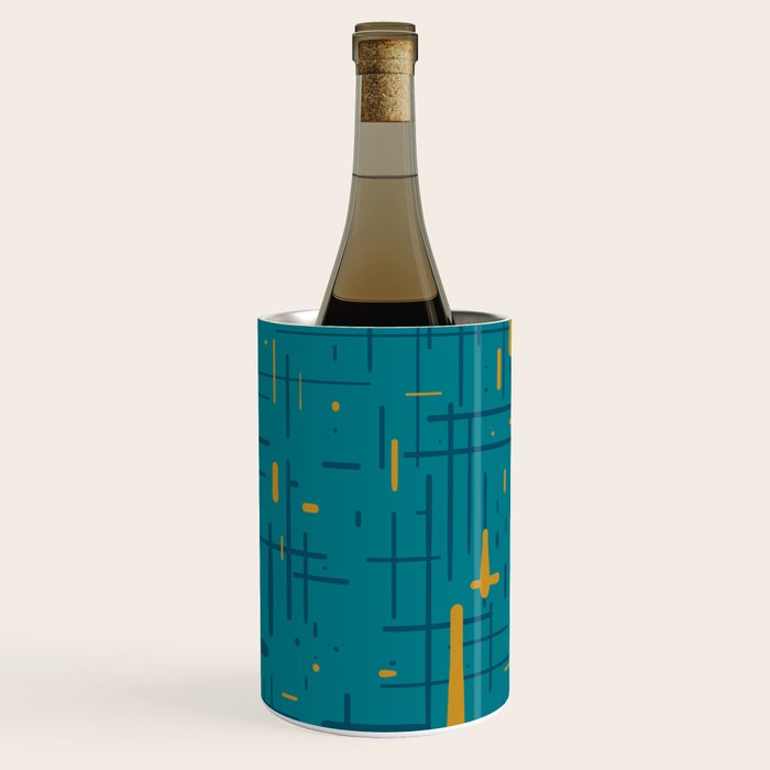 Mid-Century Modern Kinetikos Pattern in Moroccan Teal Blue and Ochre Wine Chiller Gallery Image 3
