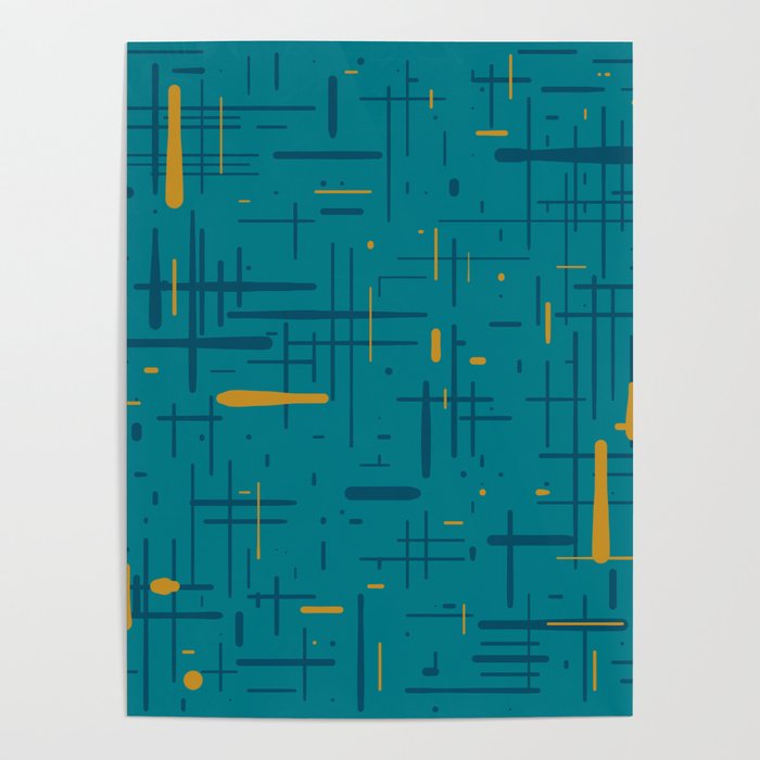 Mid-Century Modern Kinetikos Pattern in Moroccan Teal Blue and Ochre Poster Gallery Image 1