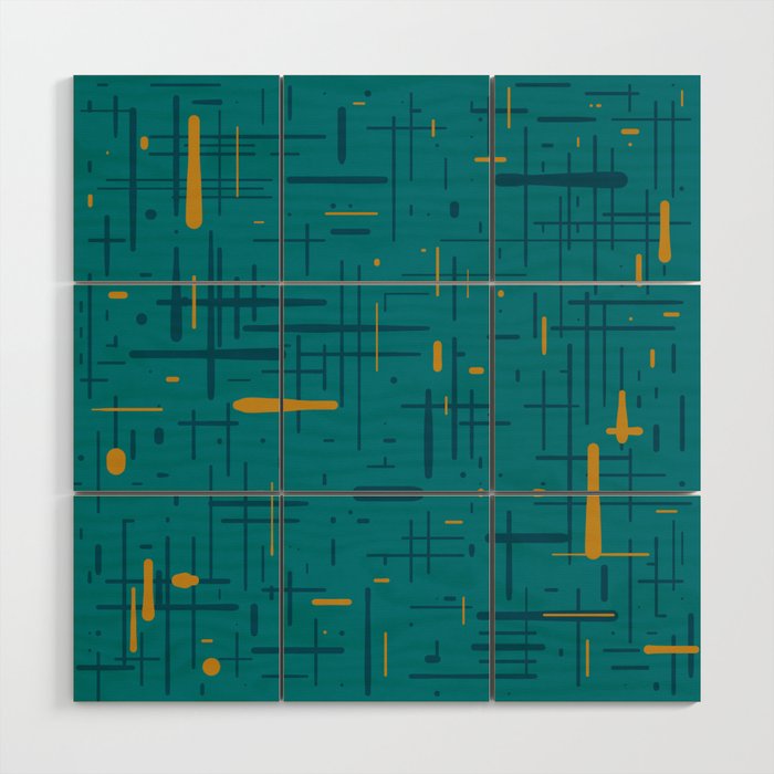 Mid-Century Modern Kinetikos Pattern in Moroccan Teal Blue and Ochre Wood Wall Art Gallery Image 1