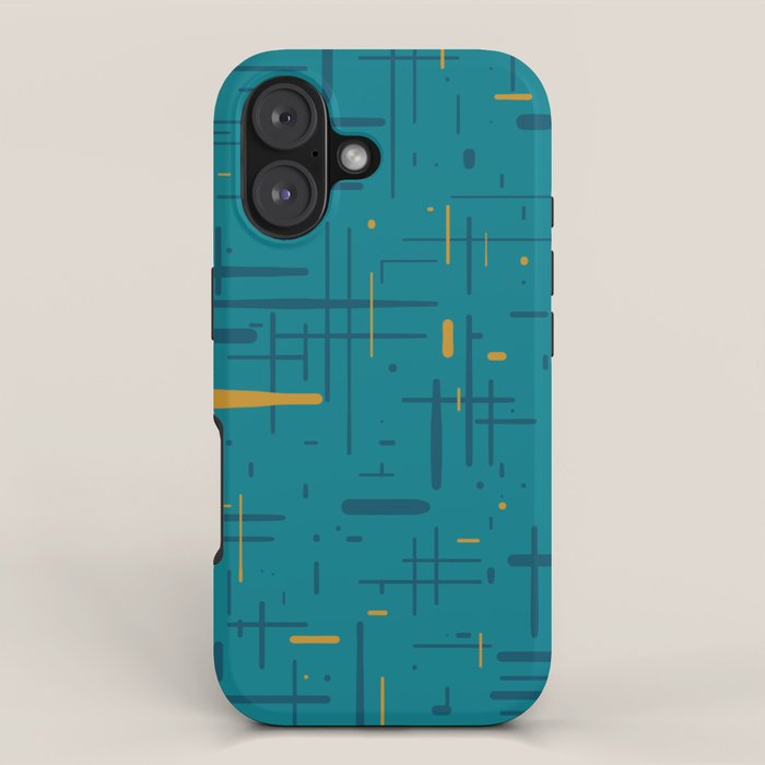 Mid-Century Modern Kinetikos Pattern in Moroccan Teal Blue and Ochre iPhone Case Gallery Image 1
