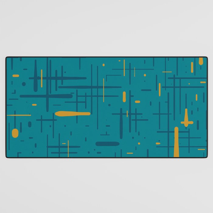 Mid-Century Modern Kinetikos Pattern in Moroccan Teal Blue and Ochre Desk Mat Gallery Image 3