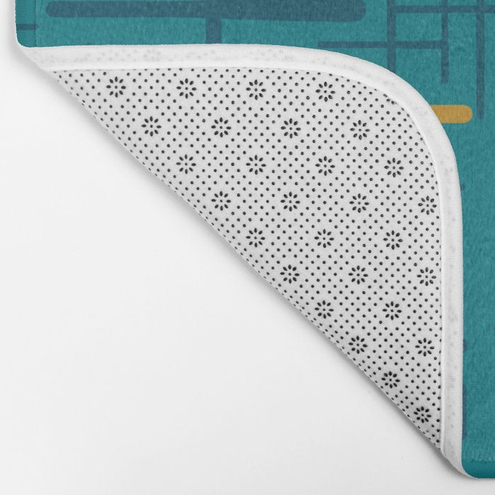 Mid-Century Modern Kinetikos Pattern in Moroccan Teal Blue and Ochre Bath Mat Gallery Image 2