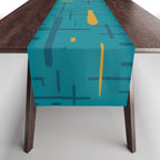 Mid-Century Modern Kinetikos Pattern in Moroccan Teal Blue and Ochre Table Runner Gallery Image 1
