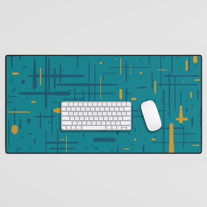Mid-Century Modern Kinetikos Pattern in Moroccan Teal Blue and Ochre Desk Mat Gallery Image 1