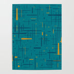 Mid-Century Modern Kinetikos Pattern in Moroccan Teal Blue and Ochre Poster Gallery Image 4