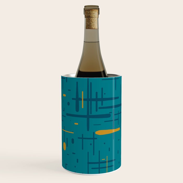 Mid-Century Modern Kinetikos Pattern in Moroccan Teal Blue and Ochre Wine Chiller Gallery Image 2