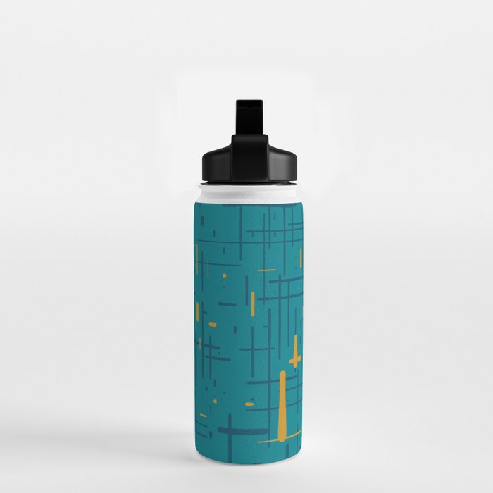 Mid-Century Modern Kinetikos Pattern in Moroccan Teal Blue and Ochre Water Bottle Gallery Image 2