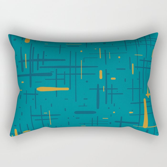 Mid-Century Modern Kinetikos Pattern in Moroccan Teal Blue and Ochre Rectangular Pillow Gallery Image 2