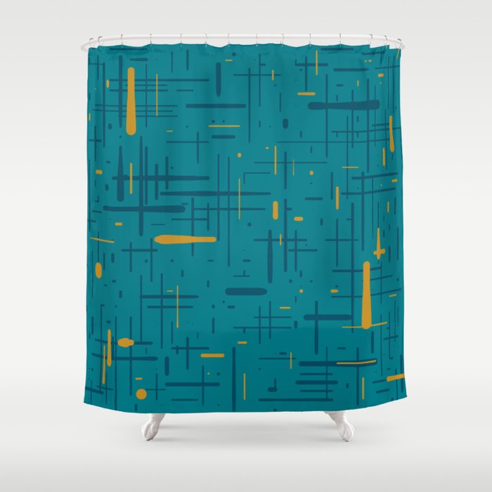 Mid-Century Modern Kinetikos Pattern in Moroccan Teal Blue and Ochre Shower Curtain Gallery Image 1