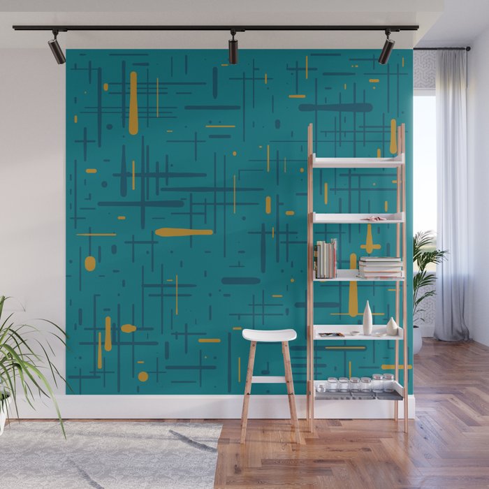 Mid-Century Modern Kinetikos Pattern in Moroccan Teal Blue and Ochre Wall Mural Gallery Image 1