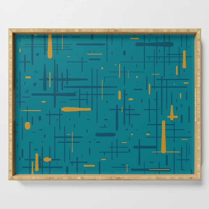 Mid-Century Modern Kinetikos Pattern in Moroccan Teal Blue and Ochre Serving Tray Gallery Image 1