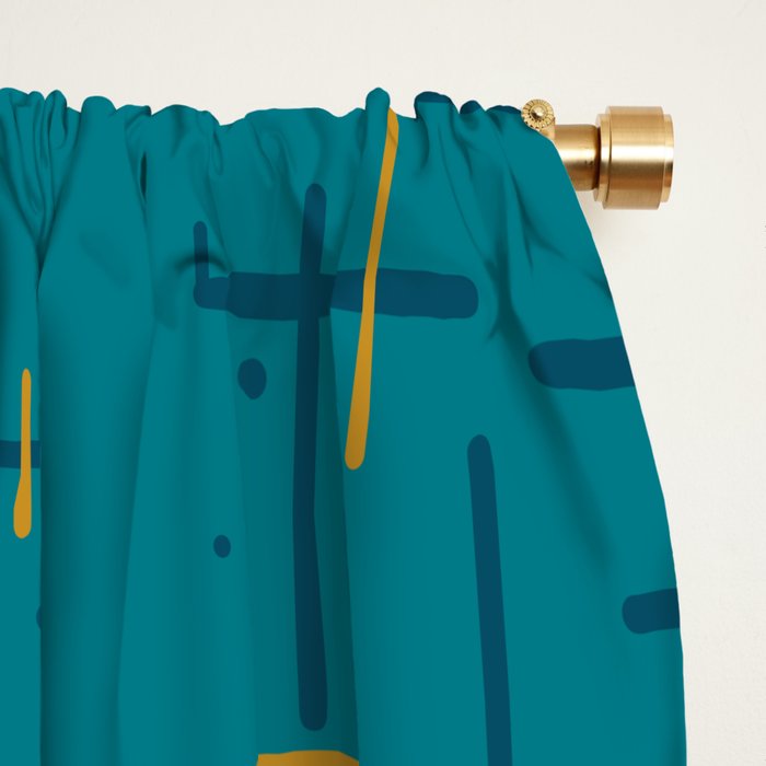 Mid-Century Modern Kinetikos Pattern in Moroccan Teal Blue and Ochre Window Curtain Gallery Image 2