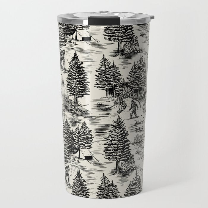 Bigfoot / Sasquatch Toile de Jouy in Black Travel Mug Gallery Image 1