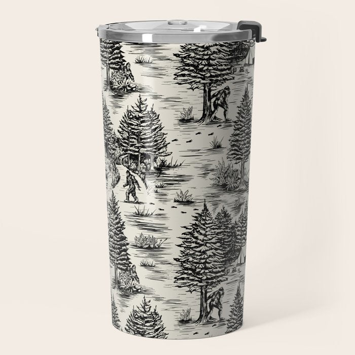 Bigfoot / Sasquatch Toile de Jouy in Black Travel Mug Gallery Image 2