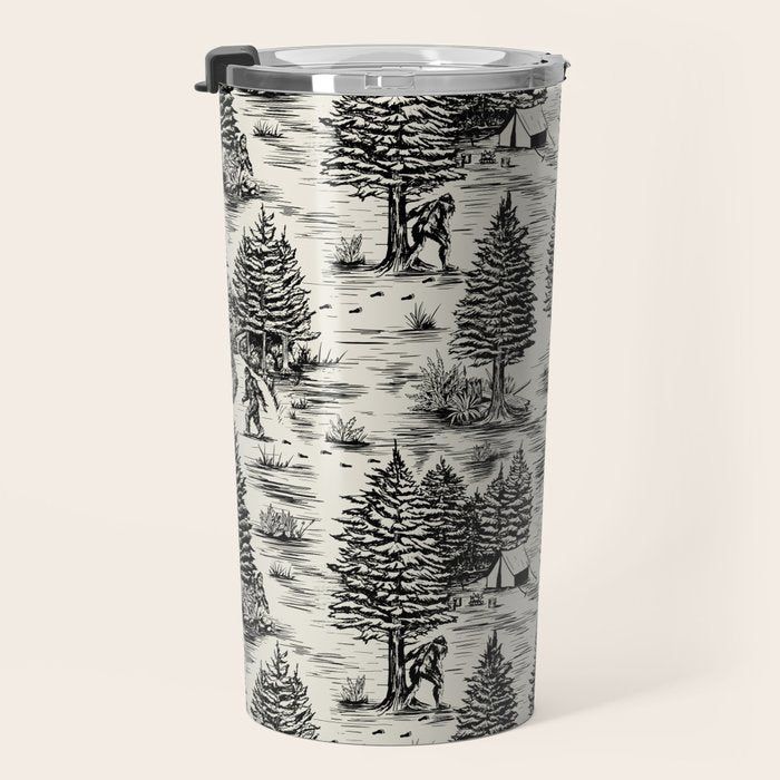 Bigfoot / Sasquatch Toile de Jouy in Black Travel Mug Gallery Image 3
