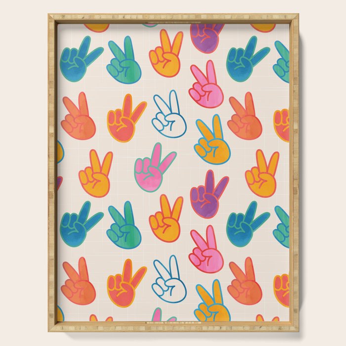 Peace And Victory Hand Sign In Rainbow Colours Pattern Serving Tray Gallery Image 1