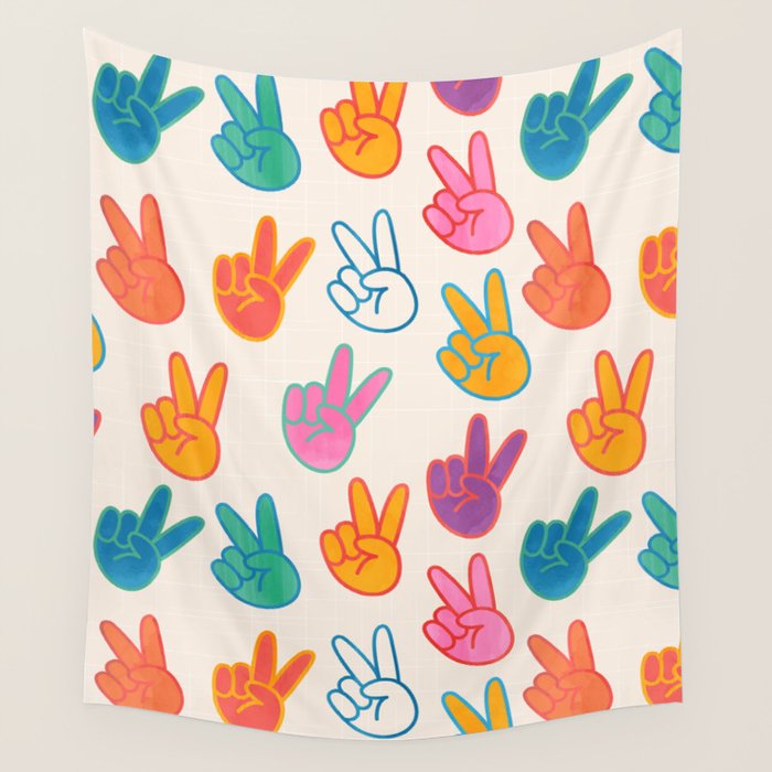 Peace And Victory Hand Sign In Rainbow Colours Pattern Wall Tapestry Gallery Image 4