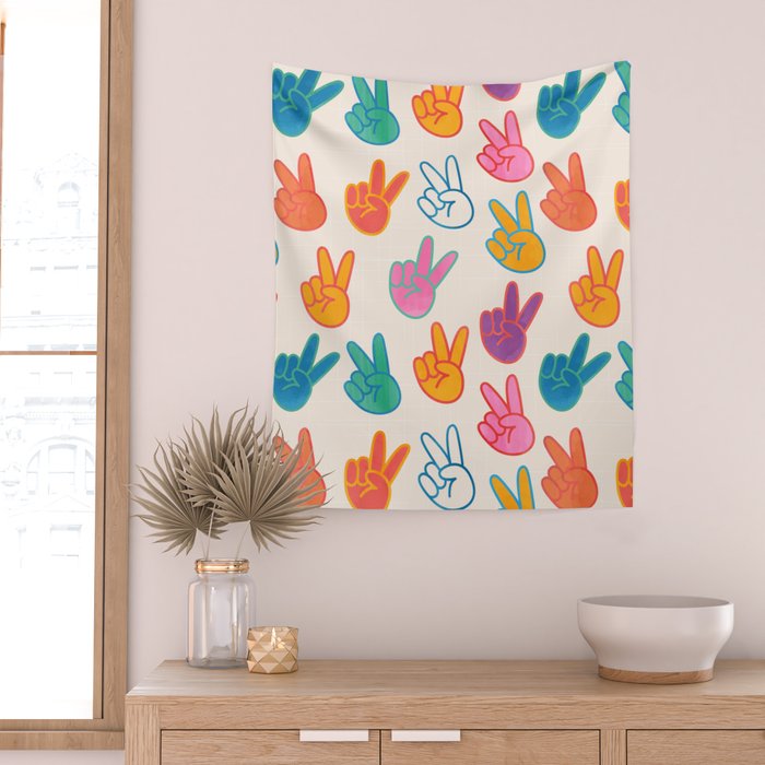 Peace And Victory Hand Sign In Rainbow Colours Pattern Wall Tapestry Gallery Image 2