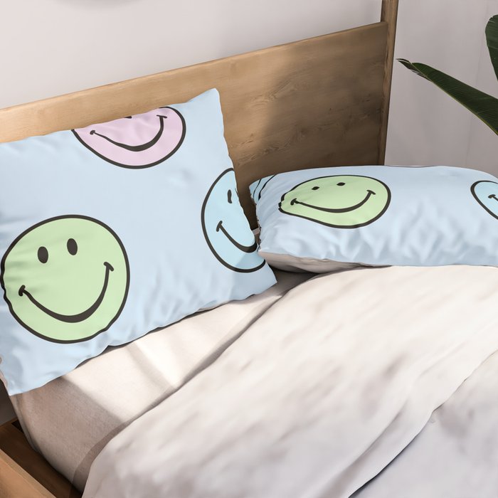 Pastel Blue Colorful Smiley Faces Pillow Sham Gallery Image 2