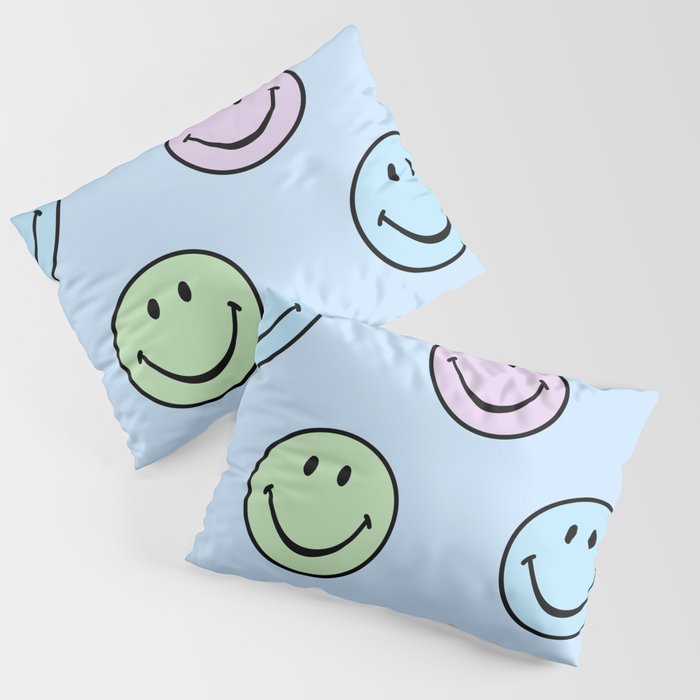 Pastel Blue Colorful Smiley Faces Pillow Sham Gallery Image 3