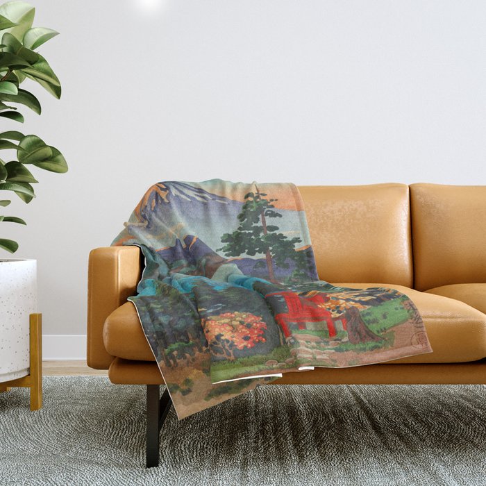Tsuchiya Koitsu Vintage Japanese Woodblock Print Fall Autumn Mount Fuji Throw Blanket Gallery Image 1