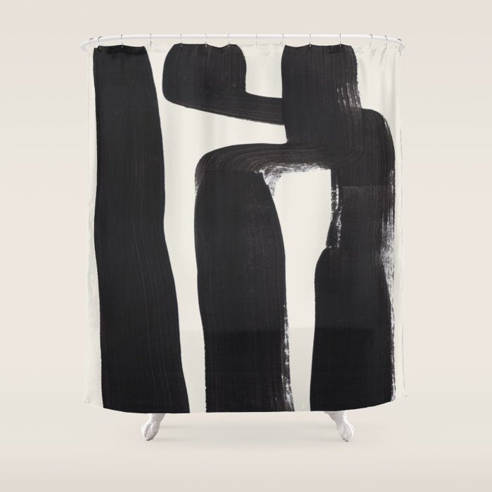 Mid Century Modern Minimalist Abstract Art Brush Strokes Black & White Ink Art Ancient Stripes Shower Curtain Gallery Image 1