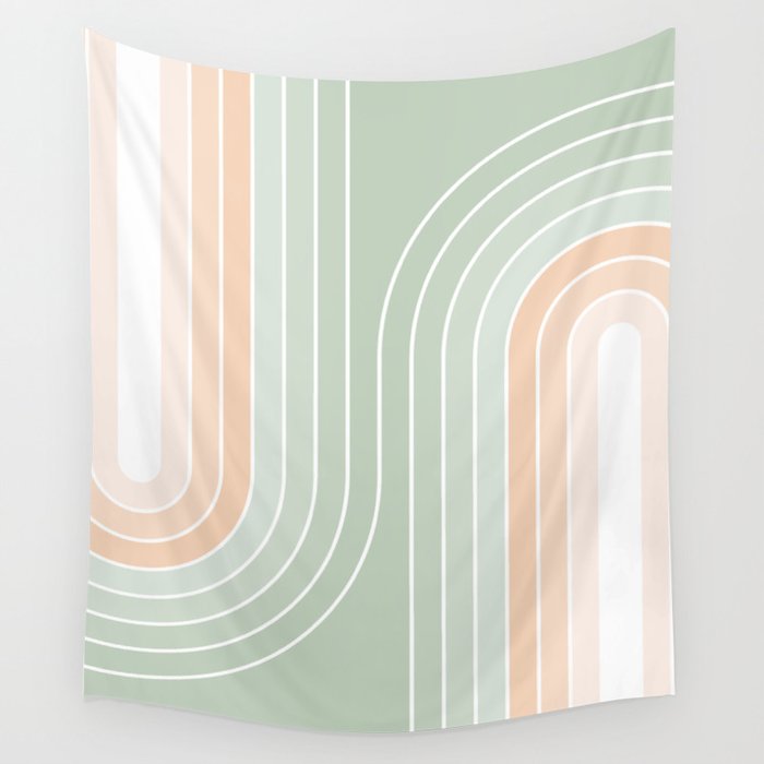 Abstract Retro Double Spring Rainbow - Pastel sage green and Peach fuzz Wall Tapestry Gallery Image 1
