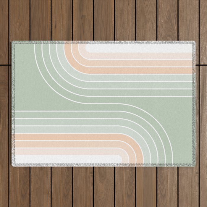 Abstract Retro Double Spring Rainbow - Pastel sage green and Peach fuzz Outdoor Rug Gallery Image 1
