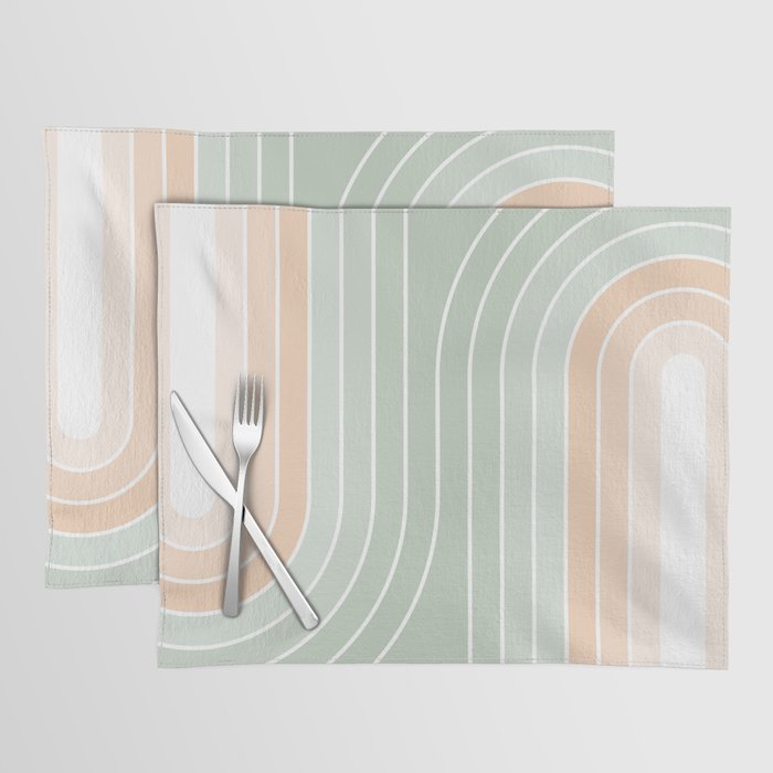 Abstract Retro Double Spring Rainbow - Pastel sage green and Peach fuzz Placemat Gallery Image 1