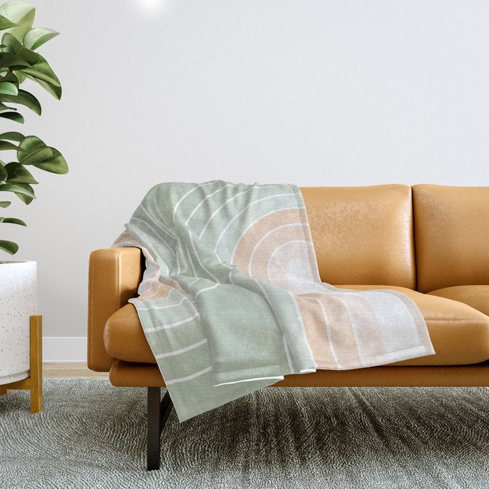 Abstract Retro Double Spring Rainbow - Pastel sage green and Peach fuzz Throw Blanket Gallery Image 1