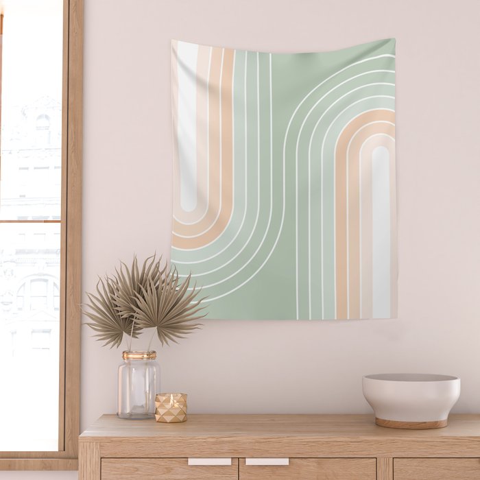 Abstract Retro Double Spring Rainbow - Pastel sage green and Peach fuzz Wall Tapestry Gallery Image 2