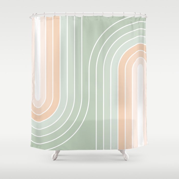 Abstract Retro Double Spring Rainbow - Pastel sage green and Peach fuzz Shower Curtain Gallery Image 1