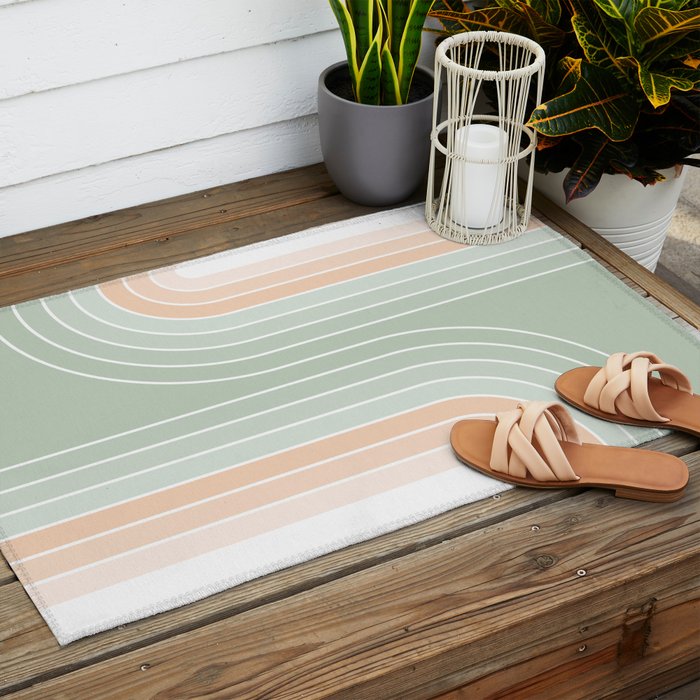 Abstract Retro Double Spring Rainbow - Pastel sage green and Peach fuzz Outdoor Rug Gallery Image 2