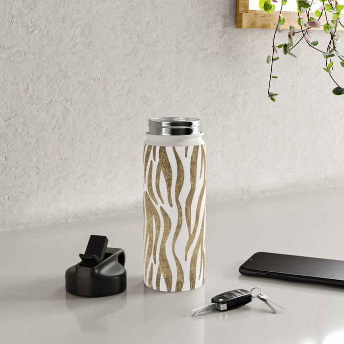 Chic faux gold white modern zebra animal print pattern Water Bottle Gallery Image 5