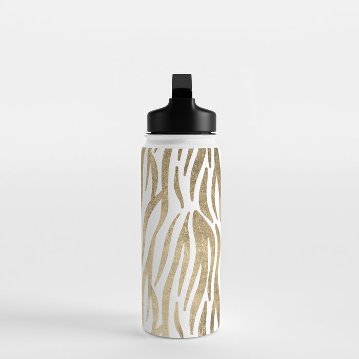 Chic faux gold white modern zebra animal print pattern Water Bottle Gallery Image 3