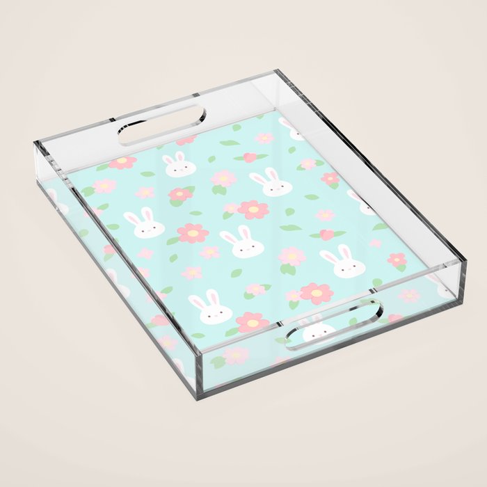 Cute rabbit bunny animal with spring flowers Acrylic Tray Gallery Image 1