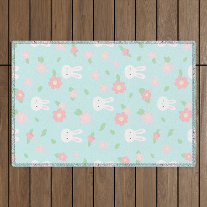 Cute rabbit bunny animal with spring flowers Outdoor Rug Gallery Image 1